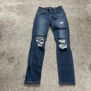 Levi's 721 High Rise Skinny Denim Jeans Womens Blue Dark Wash Distressed 27x29